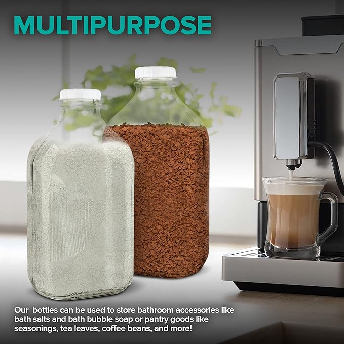 Stock Your Home Half Gallon Glass Milk Bottle with Lid (4 Pack) 64 Oz Jugs and 8 White Caps, Reusable Food Grade Milk Container for Refrigerator, Bottles for Juice, Oat or Plant Milks, Water, Honey