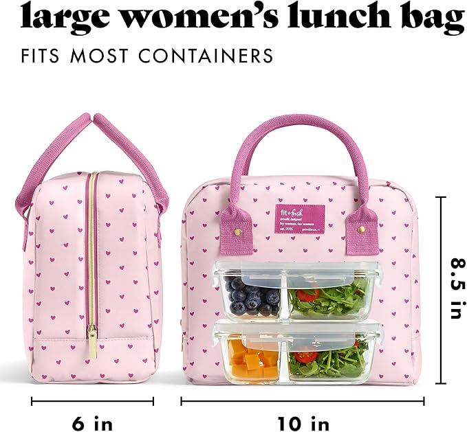 Fit & Fresh Bloomington Lunch Bag for Women - Insulated Large Lunch Box for Work with Containers, Leak-Resistant, Stain-Resistant, Zipper Closure, Tiny Pink Hearts