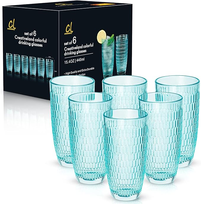 CREATIVELAND Highball Beverage Glasses Set of 6 TURQUOISE Colored Thick & Heavy Base Big Capacity 14.87oz|440ml, Drinking Glass Tumbler for Iced Tea, Water, Soda & Juice and Cocktails etc