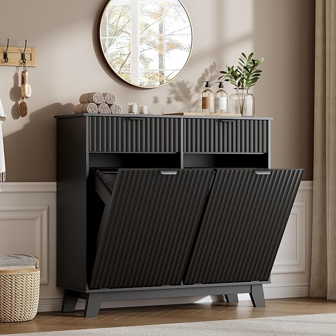 Double Tilt Out Laundry Hamper Cabinet, 20 Gallon Wooden Trash Can Cabinet with Drawers, Hidden Fluted Bathroom Storage Cabinet for Kitchen, Living Room (Black, 39.34" W x 35.83" H x 13" D)