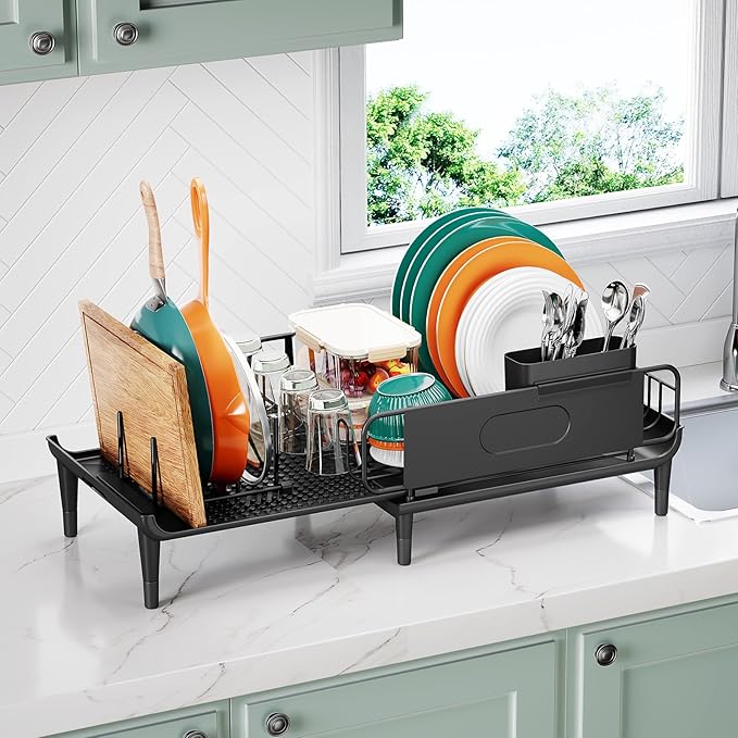 Large Extendable Dish Drying Rack, 16.93" to 26.57" Expandable Dish Rack for Kithen Counter, with Multifunctional Drainboard, Fits Any Sink, Heavy-Duty Steel Plate Drainer for Countertop Organization