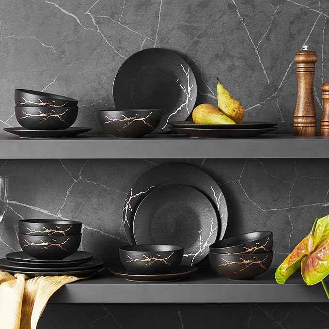 KINGSTONE Porcelain Dinnerware Sets for 4 Plates and Bowls Sets 12 Piece Matte Black Gold Vein Dish Set Scratch Resistant Dinner Salad Plate Dishware for Family Wedding Party Daily