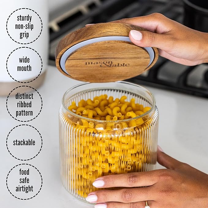 Mason & Fable Ribbed Glass Jar, Stackable & Airtight Wooden Lid- Storage Canister for Cereal, Pasta, Rice/Flour - High End Look for Kitchen, Pantry, Bar Organization - 40oz, Set of 2