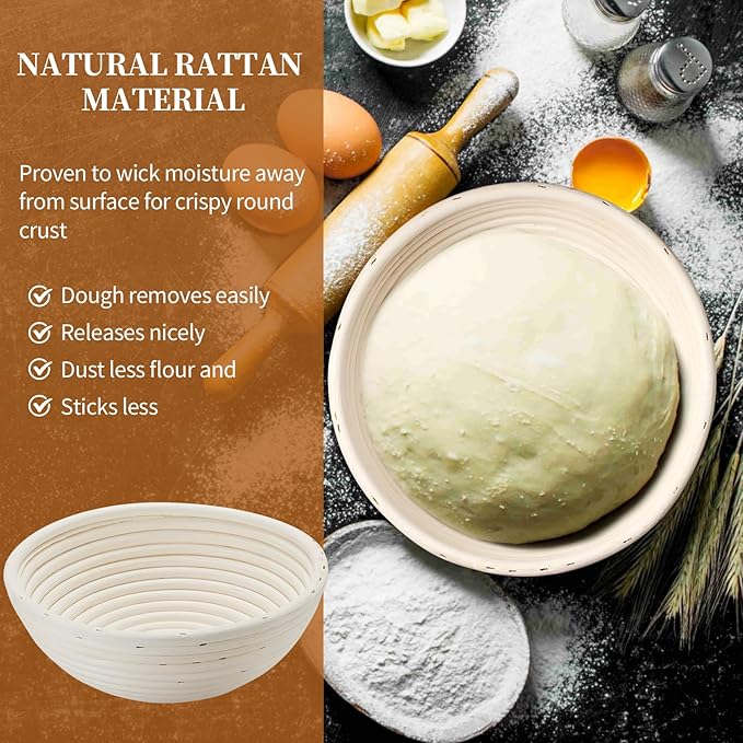 Dimpola Banneton Bread Proofing Basket Banneton Basket Set Sourdough Proofing Basket Round Proofing Bowls Handmade Rattan Baskets and Liners (Round 9 inch Baking Set)