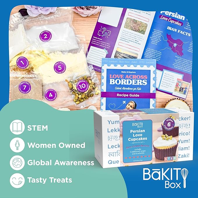 BāKIT Box Persian Love Cupcakes Baking Kit for Kids – Global Cultural Baking Activity Set with Recipe, Booklet & Premium Ingredients – Includes Rose Water, Cardamom & Pistachios – Ages 7–14