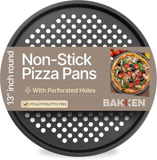 Non-Stick Pizza Pan with Holes - 13-Inch Perforated Pizza Crisper Carbon Steel Pizza Pan - 1 Round Pizza Trays PFOA PFOS and PTFE Free