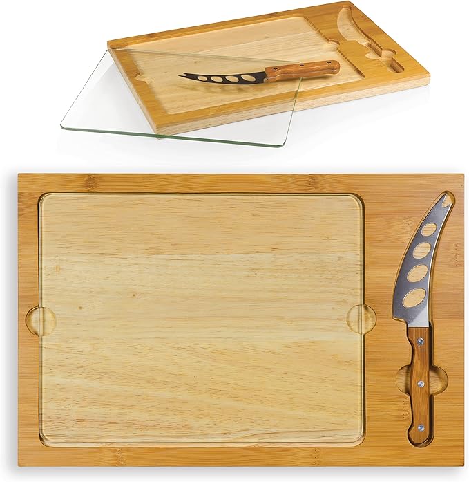 PICNIC TIME NHL Seattle Kraken Hockey Rink Icon Glass Top Cutting Board & Knife Set, Cheese Boards Charcuterie Boards, Serving Platter, (Parawood & Bamboo)
