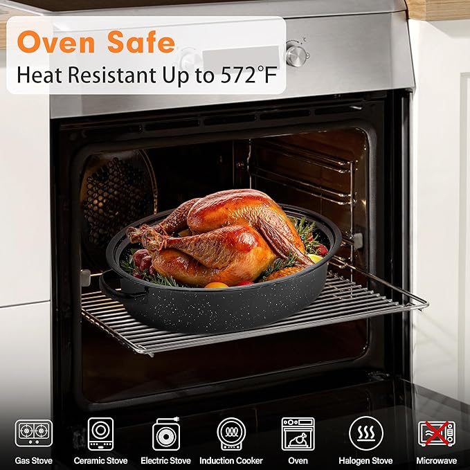 15” Roaster Pan with Lid and Rack, Small Enamel Roaster Pan with Oval Roasting Rack, Granite Baking Pot for Chicken Turkey Lamb, Heat Resistant, Oven/Dishwasher/All Stovestops Compatible