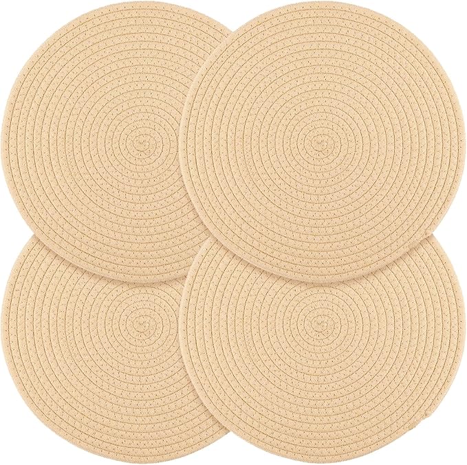Billbotk Round Woven Placemats Set of 4, 13 Inches Table Place Mats for Dining Table, Hot Pads for Kitchen, Trivets for Hot Dishes, Pots and Pans,Tabletop Accessories(Beige)