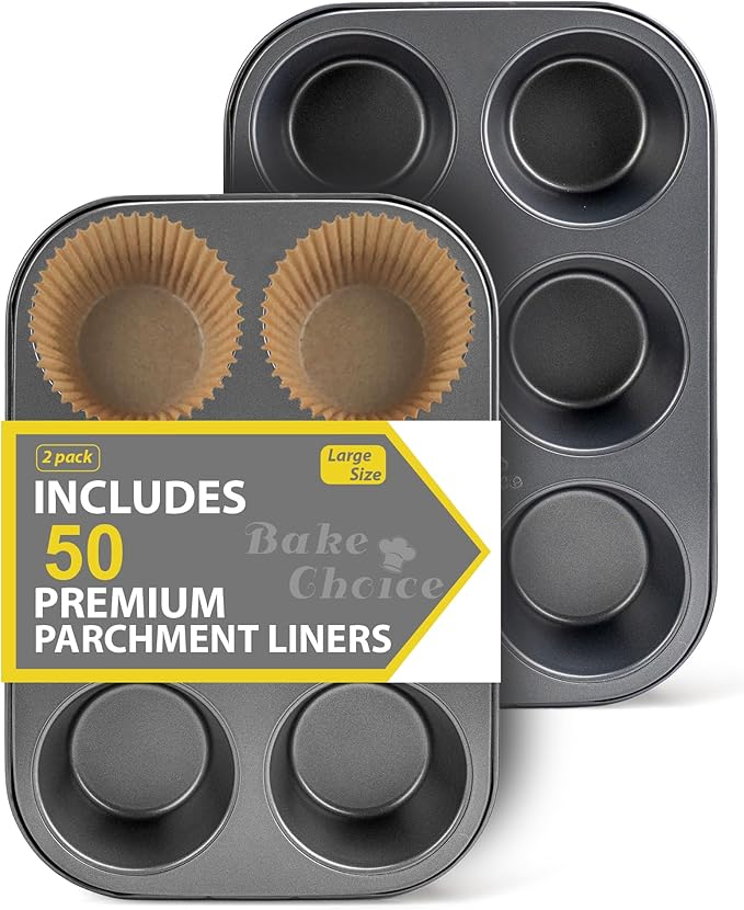 Bake Choice 2 Pack Jumbo Muffin Pan for Baking, Extra Large Cupcake Pan includes 50 Natural Jumbo Cupcake Liners, Muffin Tin Nonstick 6 Cup, Baking Pans Set, Carbon Steel Baking Supplies