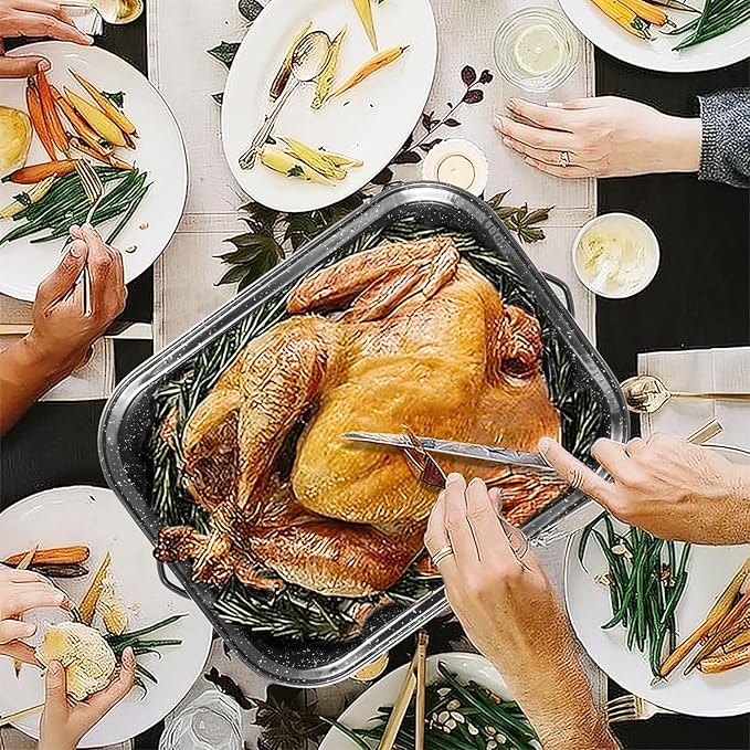 21Inch Roasting Pan, Extra Large Rectangle Roasting Pan With Rack, 25lb Capacity, Large Roaster pan for Baking Turkey, V-Rack and Versatile Lid Bone Turkey Baster by DIMESHY