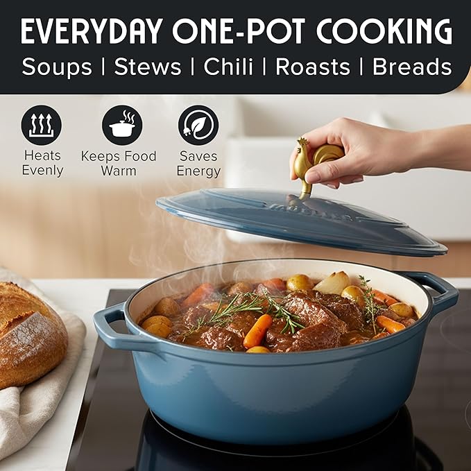 MUELLER HOME 5.5 Quart Enameled Cast Iron Oval Dutch Oven w Rooster Knob & Cotton Potholders, Heavy-Duty Cookware, Oven-Safe up to 500° F & Across All Cooktops, Gifts for Grandma & Women, Mineral Blue
