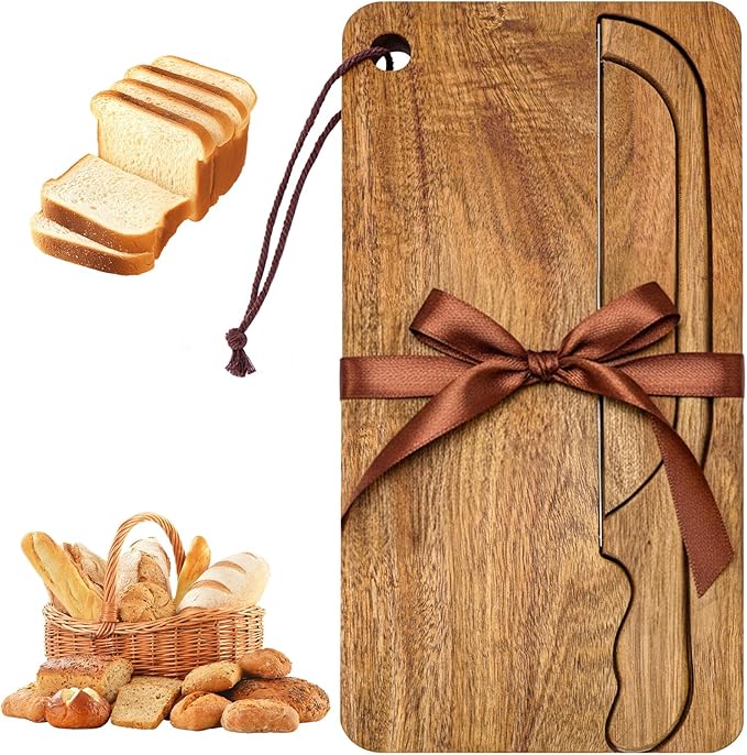 Bread Slicer and Bow Knife Set with Wooden Cutting Board, 8 Inch Serrated Steel Bread Knife for Sourdough & Homemade Bread, Ergonomic Handle with Matching Crumb Tray, Ambidextrous Design