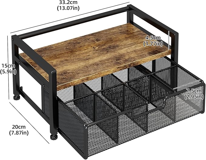 Tea Bag Organizer with 8-Compartment Mesh Drawer, Wood & Metal Holder Storage Chest for Countertop, Multi-Functional Coffee and Tea Station Box Caddy Display Rack for Kitchen Pantry, Rustic Brown
