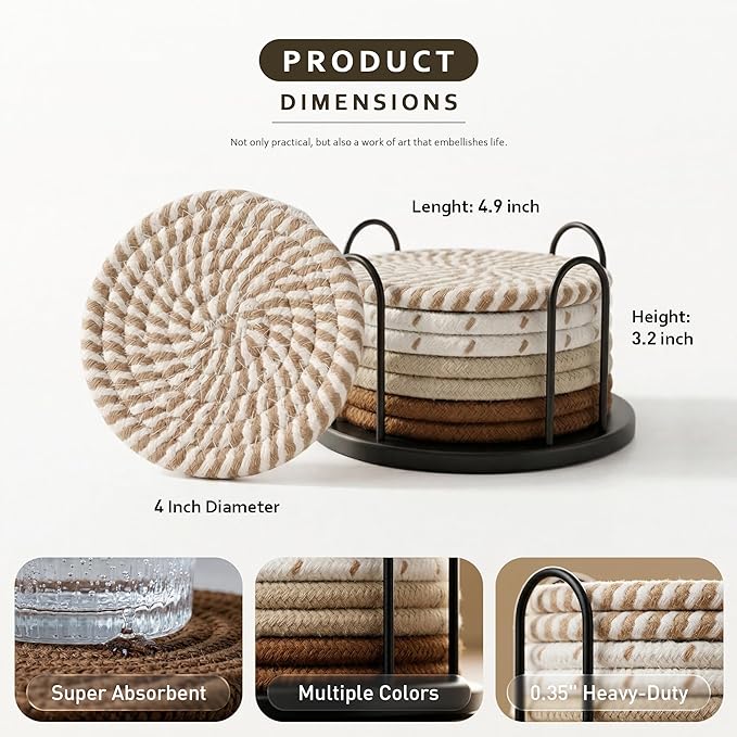 Lazebox Coasters Set of 8 for Drinks, 4 Inch Large Coasters for Coffee Table, Tabletop Protection for Hot & Cold Drinks, Versatile Coasters for Home Decor, Non-Slip & Easy to Clean