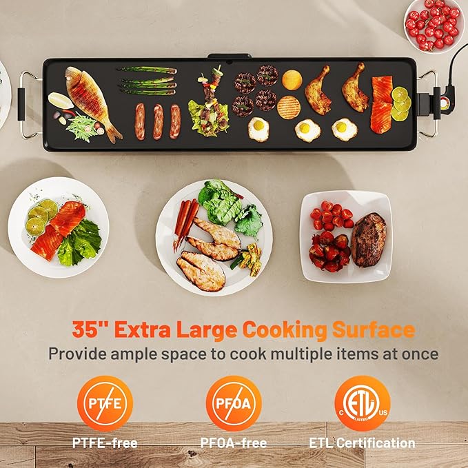 Nightcore 35" Large Electric Griddle, Teppanyaki Grill w/Adjustable Thermostat, Insulated Handles, Drip Tray & Nonstick Surface, Pancake Griddle, Indoor Outdoor Tabletop BBQ Grill for Party Camping