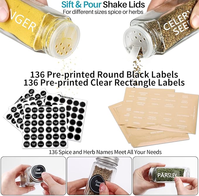 Antimbee 28 Pcs Clear Glass Spice Jars,3.5 oz Glass spice jar with 324 labels, Funnel,Chalk Pen,Shaker Lids and Airtight Metal Caps, Empty Square Spice Bottles for Spice Rack, Cabinet, Drawer