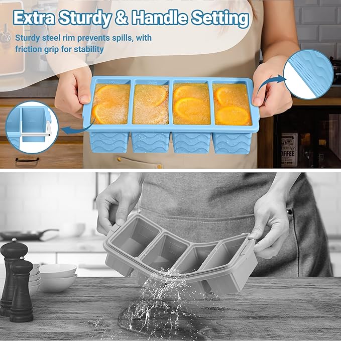 Doasuwish Silicone Freezer Tray for Soup with Lid – 1-Cup Soup Container Cube Style Ice Cube Trays for Freezer, Meal Prep & Food Storage, Freeze 250mL/125mL Portions – 2 Pack