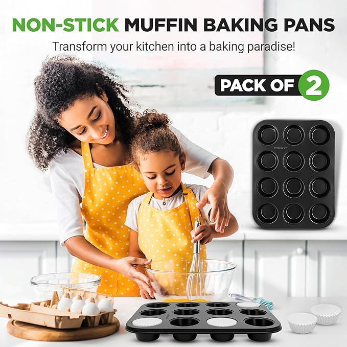 NutriChef Muffin Pans for Baking 2-Pack | Nonstick 12 Mold Cupcake Tins | Carbon Steel Stackable Cup Cake Trays | Dishwasher & Oven Safe | Includes 100 Parchment Paper Liners | 13 x 10 x 1 | Black