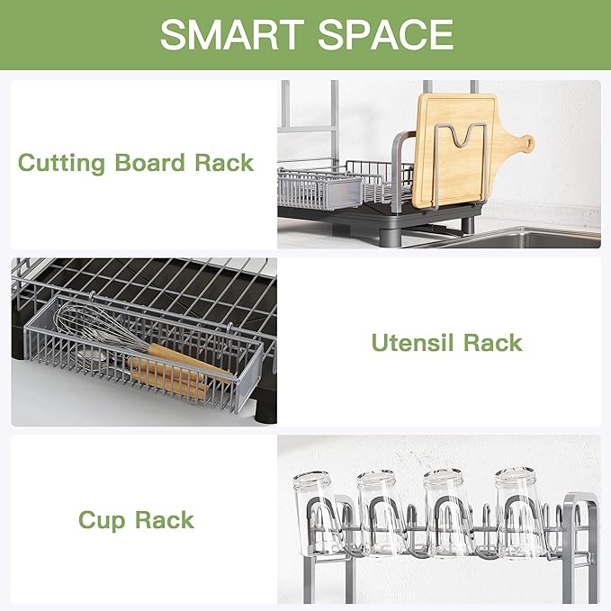romision 2 Tier Compact Stainless Steel Dish Drainers Drying Rack for Kitchen Counter, Space Saving, Rust Proof Plate Strainers Holder On Countertop with Drainboard, Modern Gray, Small
