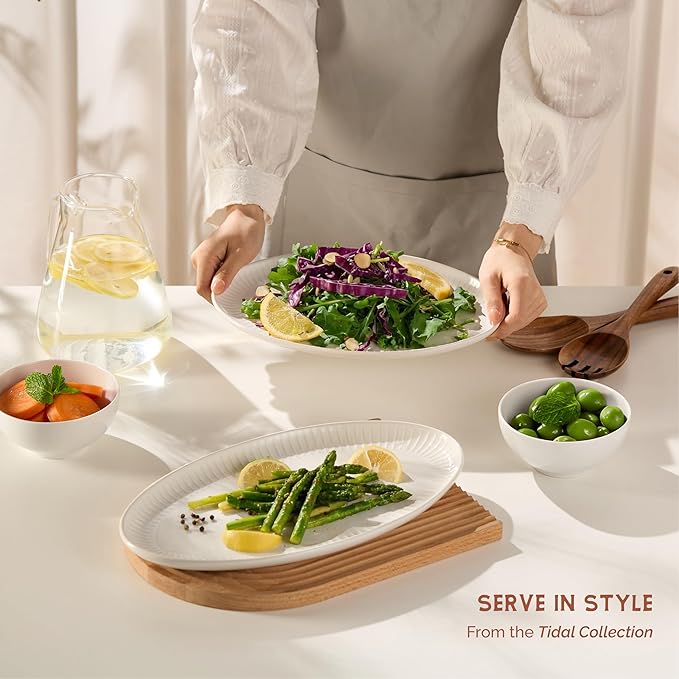 Serving Dishes, 12/14", Durable Ceramic Platters, Ribbed Rim, Oval, Microwave and Dishwasher Safe, Medium/Small, Set of 2, Powder White, Tidal Collection