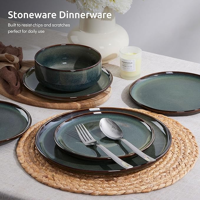 E-far Dinnerware Sets for 4, 12-Piece Stoneware Plates and Bowls Set, Ceramic Dishes Reactive Glaze Dinning Ware, Microwave & Dishwasher Safe - Obsidian Green