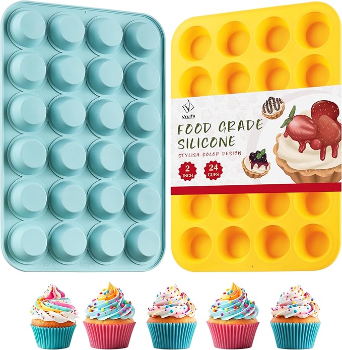 VRUIFA 2PCS Silicone Mini Muffin Pan, 24 Cups Nonstick Mini Cupcake Pan for Baking, BPA Free and Dishwasher Safe, Great for Making Muffin Cakes, Tart, Bread and Egg Bites