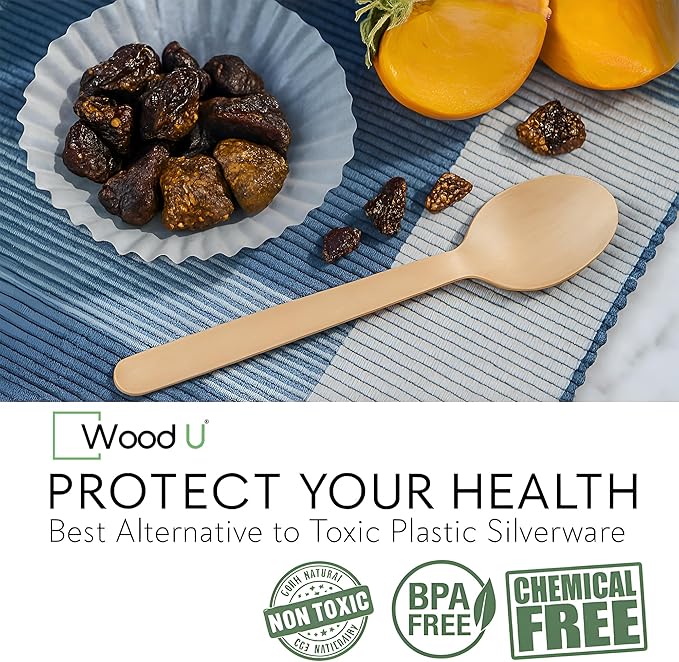 Disposable Wooden Spoons by WoodU | 100% All-Natural, Eco-Friendly, Biodegradable, and Compostable - Pack of 200-6.5" Spoon
