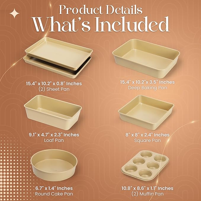 Nonstick Bakeware Set 8 Piece - Stackable Baking Pan Set, Oven safe 450°F, Carbon Steel Baking Set with Muffin, Loaf, Cookie Sheets & Roaster, Easy Storage, BPA-Free (Beige)