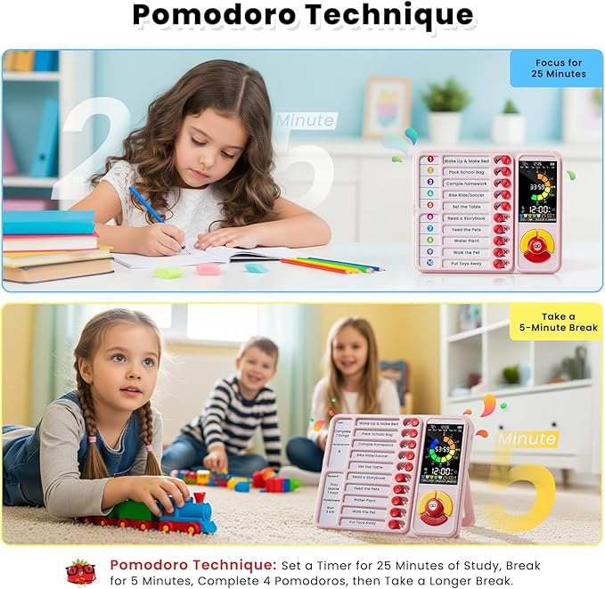 ADHD Tool for Kids, 5-in-1 Visual Timer with Chore Chart Board, Visual Schedule for Kids, 12/24 Task Timer with 99'59'' Countdown/Countup, 5 Alarms, Silent Operation Visual Schedule for Autism - Pink