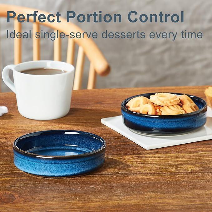 ONEMORE 4 oz Ramekins Oven Safe, Ceramic Ramekins for Creme Brulee, Custard, Pudding, Souffle, Blue Shallow Ramekin Dishes, Small Porcelain Ramekin Set of 6 for Baking & Serving