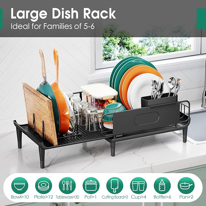 Large Extendable Dish Drying Rack, 16.93" to 26.57" Expandable Dish Rack for Kithen Counter, with Multifunctional Drainboard, Fits Any Sink, Heavy-Duty Steel Plate Drainer for Countertop Organization