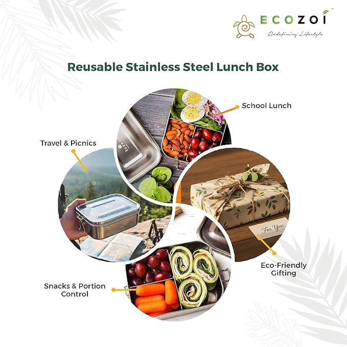 ecozoi Stainless Steel Lunch Box, Leak Proof 3 Compartment, Medium | Redesigned Silicone Seal | Sustainable Zero Waste Eco Friendly Bento Box Food Storage Container
