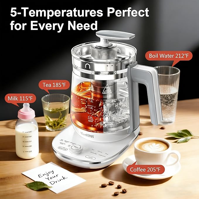1200w Electric Kettle, 1.5L Borosilicate Glass tea kettle, Hot water kettle electric for Coffee or Tea, BPA Free, Auto Shut-Off, Stainless Steel, Fast Boil, White