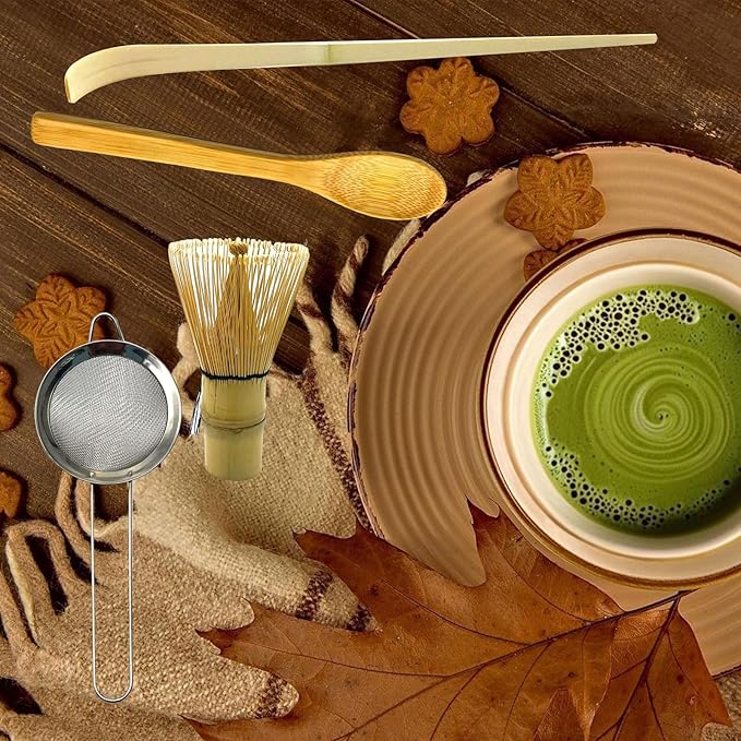 Matcha Whisk Set 4 Pieces Set for Matcha Beginners, Including a Traditional Bamboo Whisk, Spoon, Tea Sieve and Bamboo Spoon