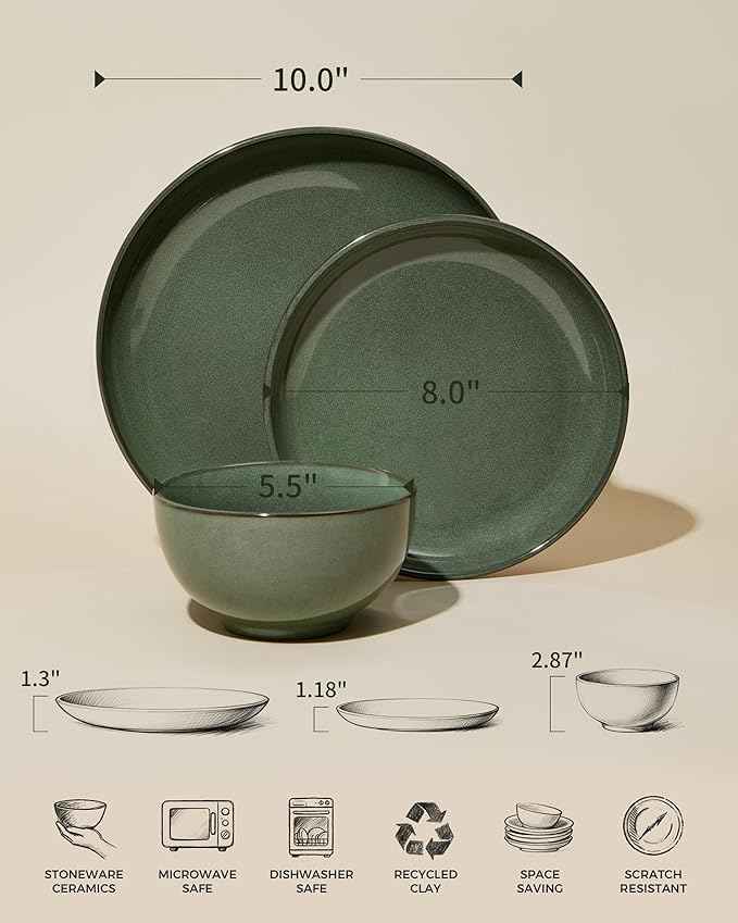 Stoneware Dinnerware Sets for 6, 18 Piece Microwave Safe Plate and Bowl Set, Easy to Clean & Durable Dishes Sets for Small to Medium Families, Forest Green