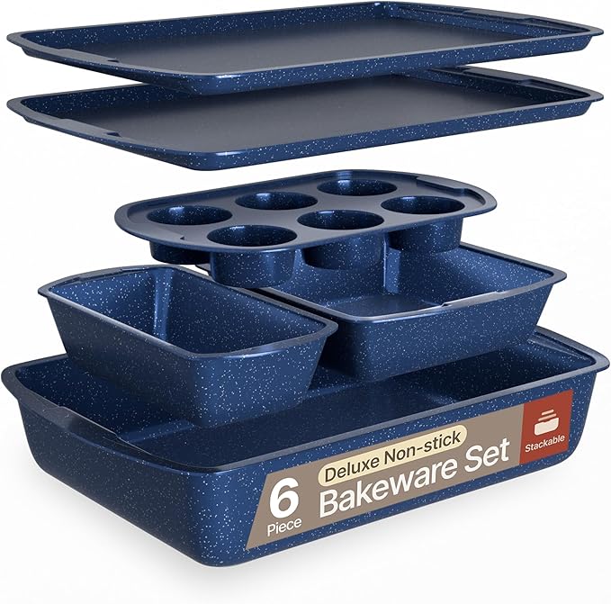 BAKKEN Kitchen Baking Pan Set - Nonstick Blue Marble Coating, Commercial Grade Carbon Steel Bakeware Sets, Baking Kitchen Essentials, PFOA, PFOS, PTFE Free, Oven Safe Tray (Up To 450° F), Set of 6