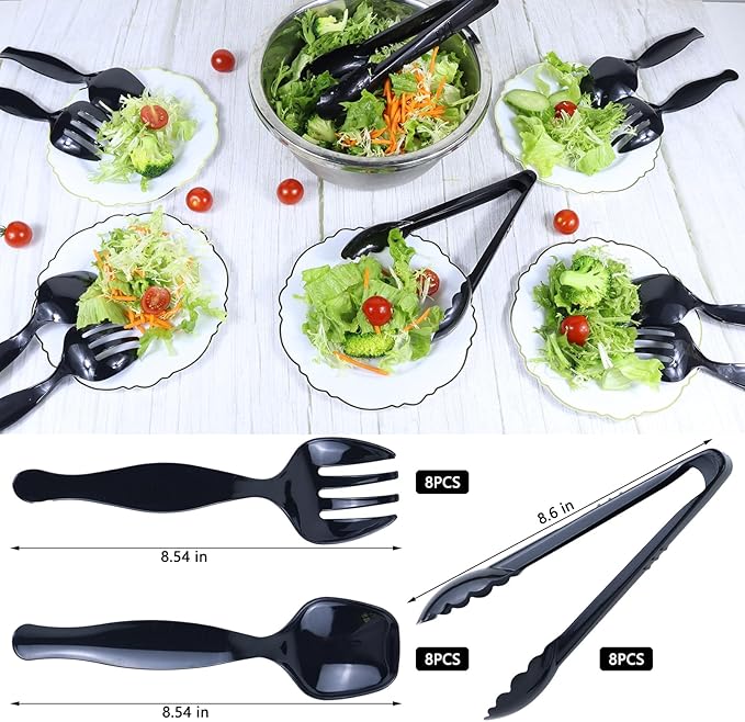 24Pcs Black Plastic Serving Utensils Disposable Serving Spoons Forks Tongs for Party Utensils Supplies for Dinner Parties Buffets Salad Noodles Soup and Weddings (Black)