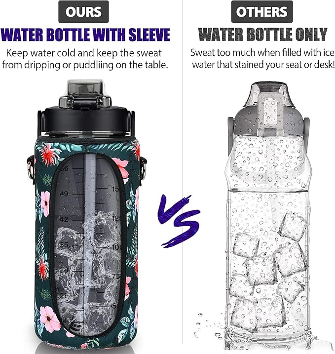 Half Gallon Water Bottle with Sleeve, 64OZ Motivational Water Bottle with Straw & Time Marker, BPA Free Leakproof Large Sports Water Bottle, Reusable Water Jug for Workout Gym Sport
