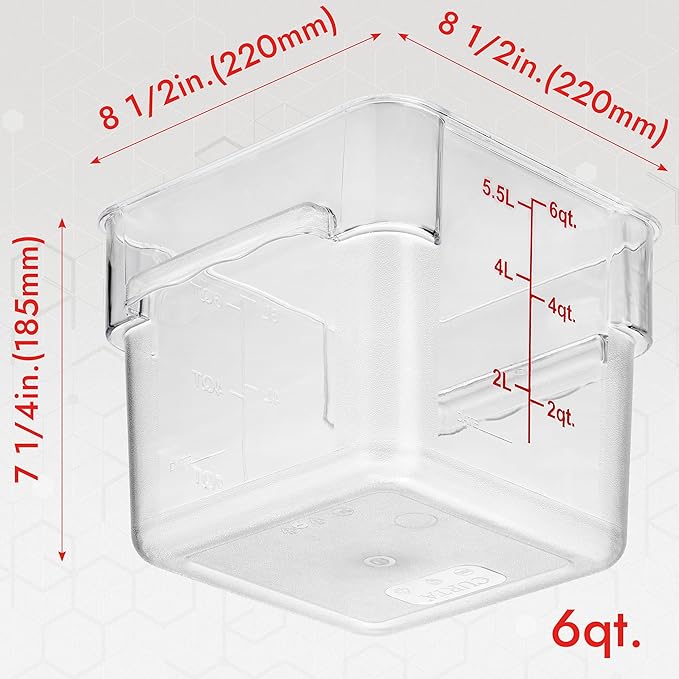 CURTA 8-Pack 6 Qt NSF Clear Polycarbonate Food Storage Containers with Red Lids - Square, Commercial-Grade, Freezer & Dishwasher Safe, Stackable