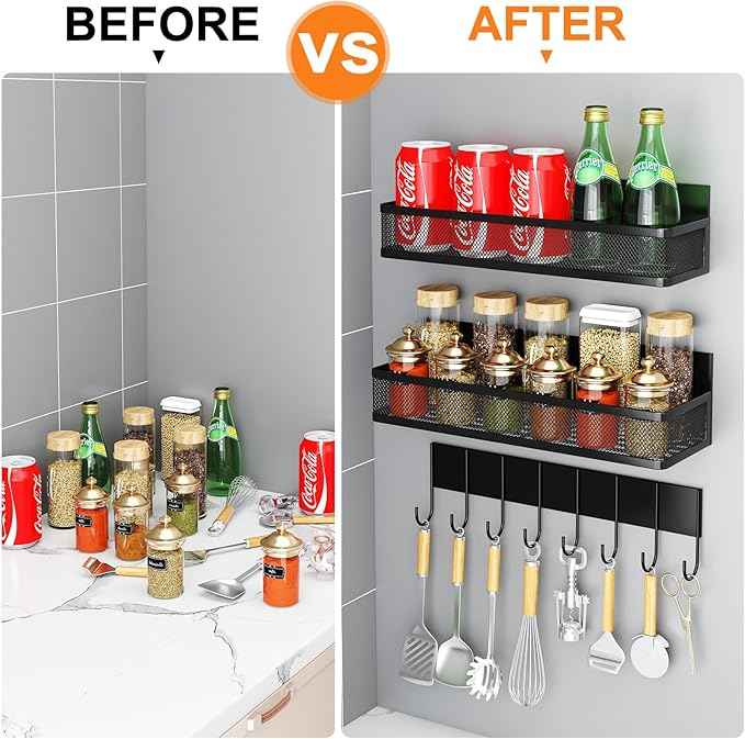 Magnetic Spice Rack for Refrigerator, 3 Pack Magnetic Shelf, Moveable Fridge Organizer with 8-Hook Rack, Seasoning Organizer for Kitchen