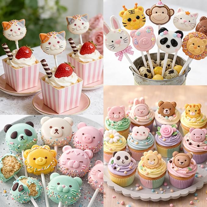 Juome Cake Pop Mold Kit, 2 Pack 16 Cavities Animal Shape Cakesicle Molds Silicone with 100 Wooden Sticks&100 Packaging Bags, Cake Pop Maker Supplies Accessories, Baking Tools for Home Baking Desserts