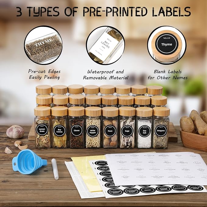 NETANY 24 Pcs Glass Spice Jars with Bamboo Lids, 4 oz Glass Jars with Minimalist Farmhouse Spice Labels Stickers, Collapsible Funnel, Seasoning Storage Bottles for Spice Rack, Cabinet, Drawer