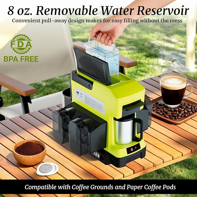 Cordless Coffee Maker for Ryobi 18V Battery, 3 Brewing Options Drip Coffee Maker with Coffee Grinder, Portable Single Serve Coffee Makers for Camping, Travel, and Jobsite. (Tool Only)