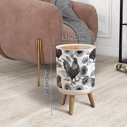 Trash Can with Lid Roosters Sunflowers Black White Botanical Press Top Round Small Garbage Bin with Wooden Legs Waste Basket for Kitchen Bedroom Nursery 7L/1.8 Gallon