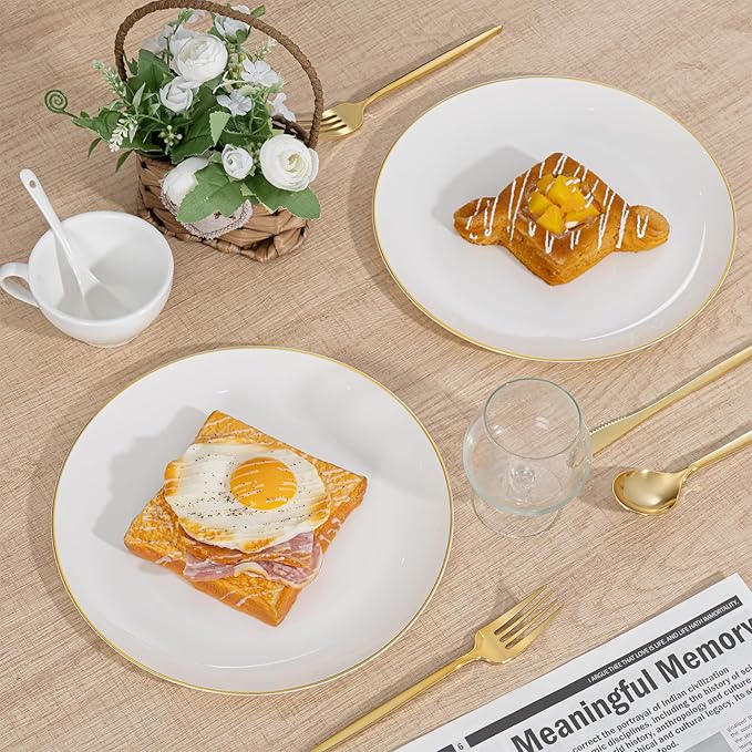 PULOTE 60 PCS Ivory Plastic Plates - Cream Plastic Disposable Include 30 Dinner and 30 Dessert Plates with Gold Rim - Ideal for Party & Wedding