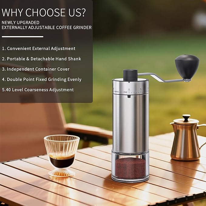 Portable Coffee Grinder Conical Burr for Espresso French Press Pour Over Double Bearing Internal Adjustment Capacity 25g (Silver-Ceramic Burr)