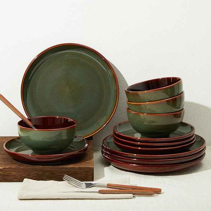 Stoneware Dinnerware Sets, Ceramic Plates and Bowls Set, Microwave & Dishwasher Safe Kitchen Dishes, Modern Dinner Salad Plates | Cereal Bowls, Dishware Sets Service for 4 Sage Green