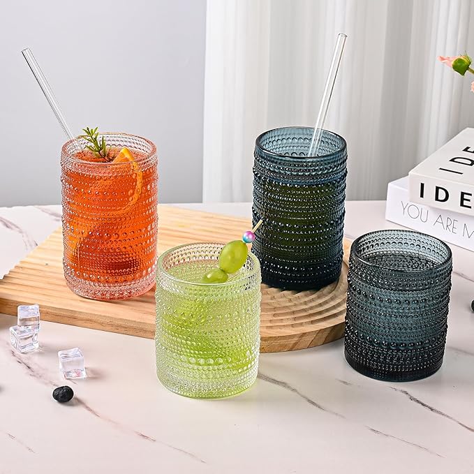 ZMOWIPDL Vintage Glassware Drinking Glasses Set of 12,Clear 12oz & 15oz Hobnail Glass Cups,Embossed Water Tumbler,for Beer,Cocktail,Whiskey,Juice and Various Mixed Drinks- 1 Cleaning Brush