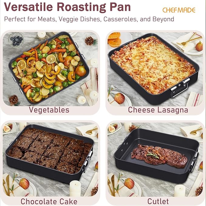 CHEFMADE Roasting Pan, 16-Inch Non-Stick Turkey Roaster Lasagna Pan with Rack - Rectangular Deep Dish Chicken Roaster Pan 16.3" x 12.52" x 3.11"(Black)